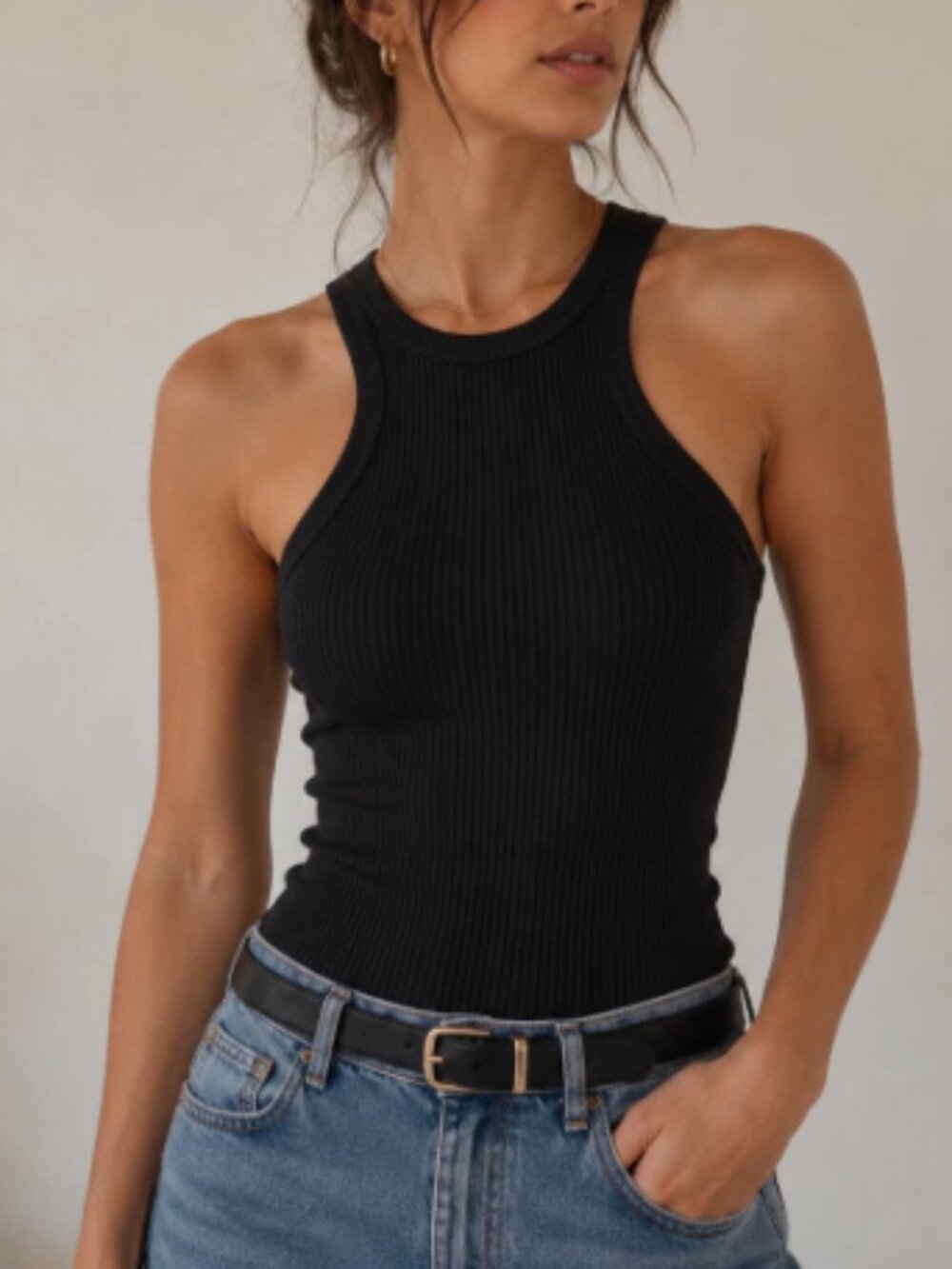 Agolde Bea Cutaway Stretch Ribbed Tank Top Black